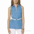 Ladies' Casual Blouse, Women's Sleeveless Tunic/Striped Cotton Poplin/Dress Shirt/Pullover Styling